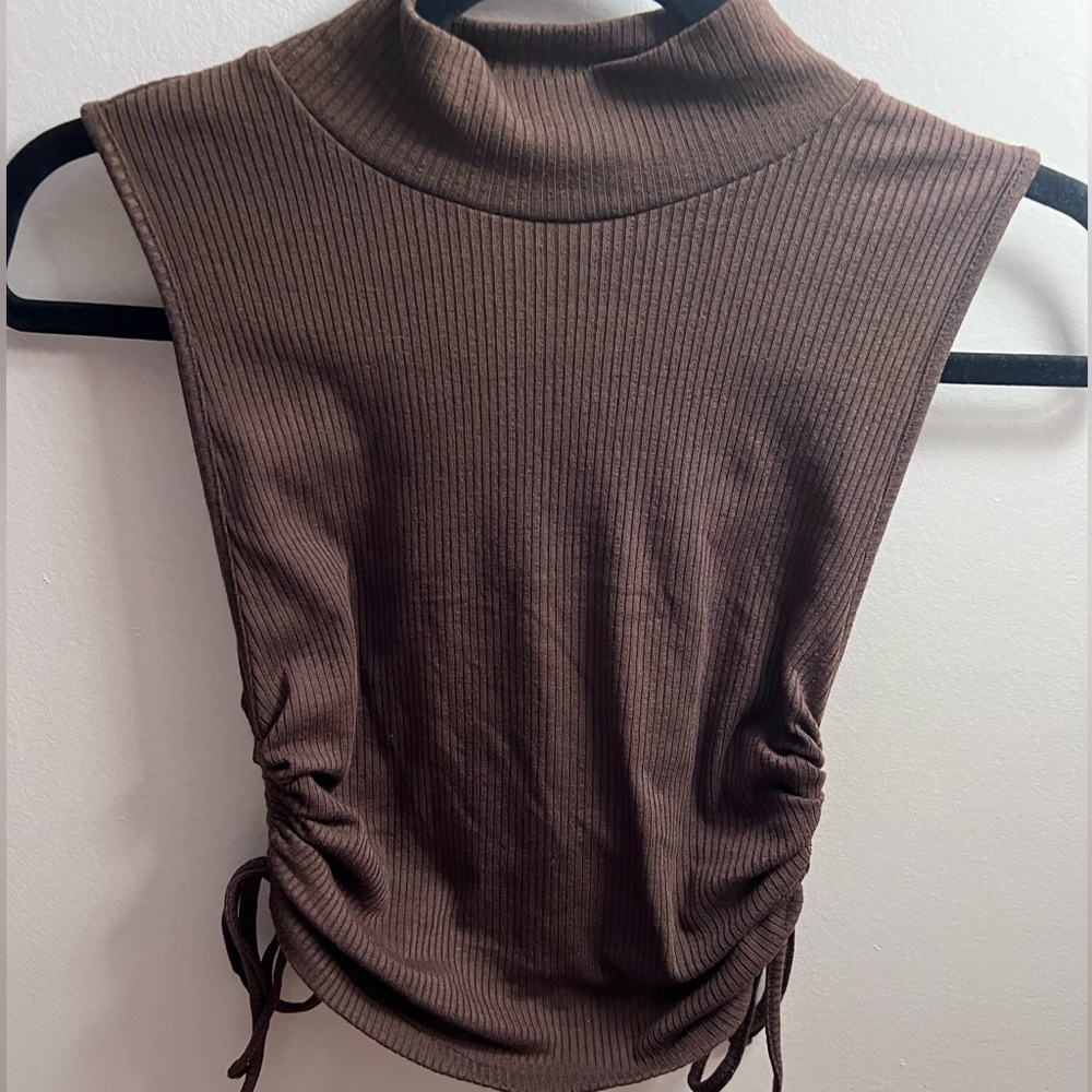 Zara Chocolate Brown Ruched Turtleneck Tank S